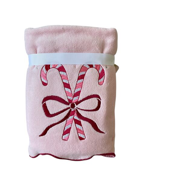 2pc Kassatex Christmas Hand Towels Candy Cane with Bow Cotton Holiday Pink NEW - Picture 7 of 10